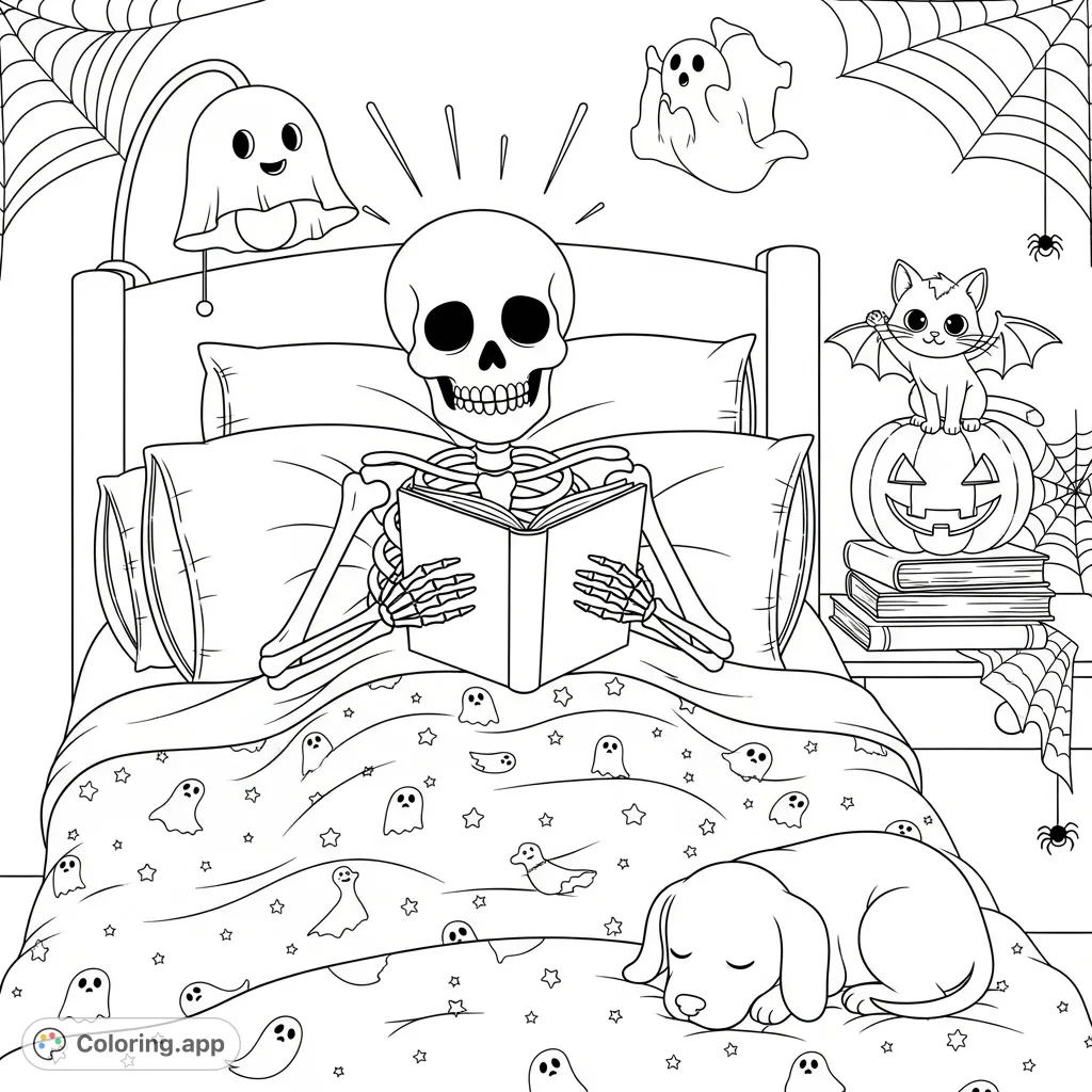 A charming skeleton enjoys a cozy bedtime story in a Halloween-themed bed, surrounded by festive details. Perfect for spooky season relaxation.