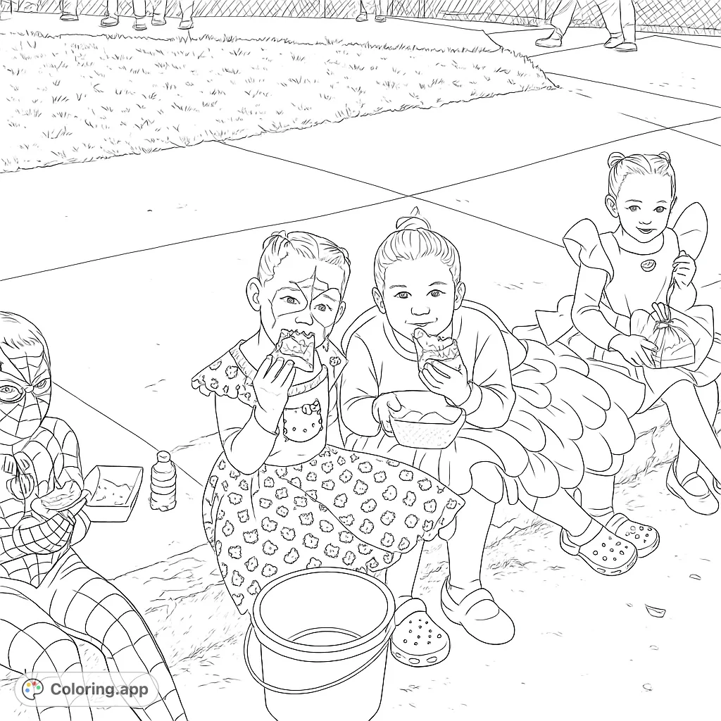 Four children in fun costumes enjoy snacks on a curb. A delightful scene of friends sharing treats, perfect for a festive costume party coloring page.