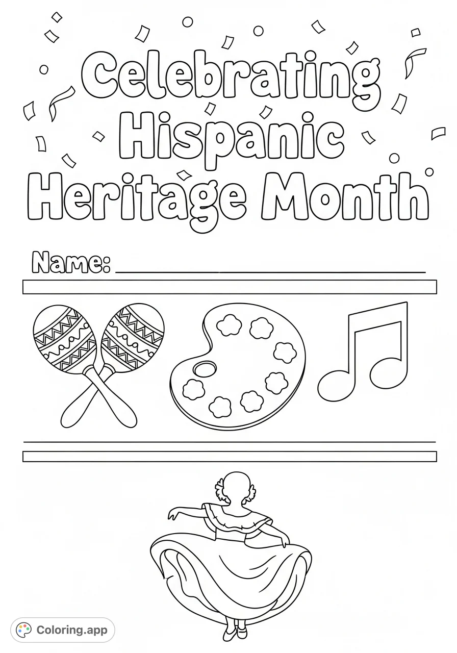 A vibrant Hispanic Heritage Month coloring page featuring bubble letters, cultural icons like maracas, a paint palette, a musical note, and a dancer silhouette, perfect for celebration.