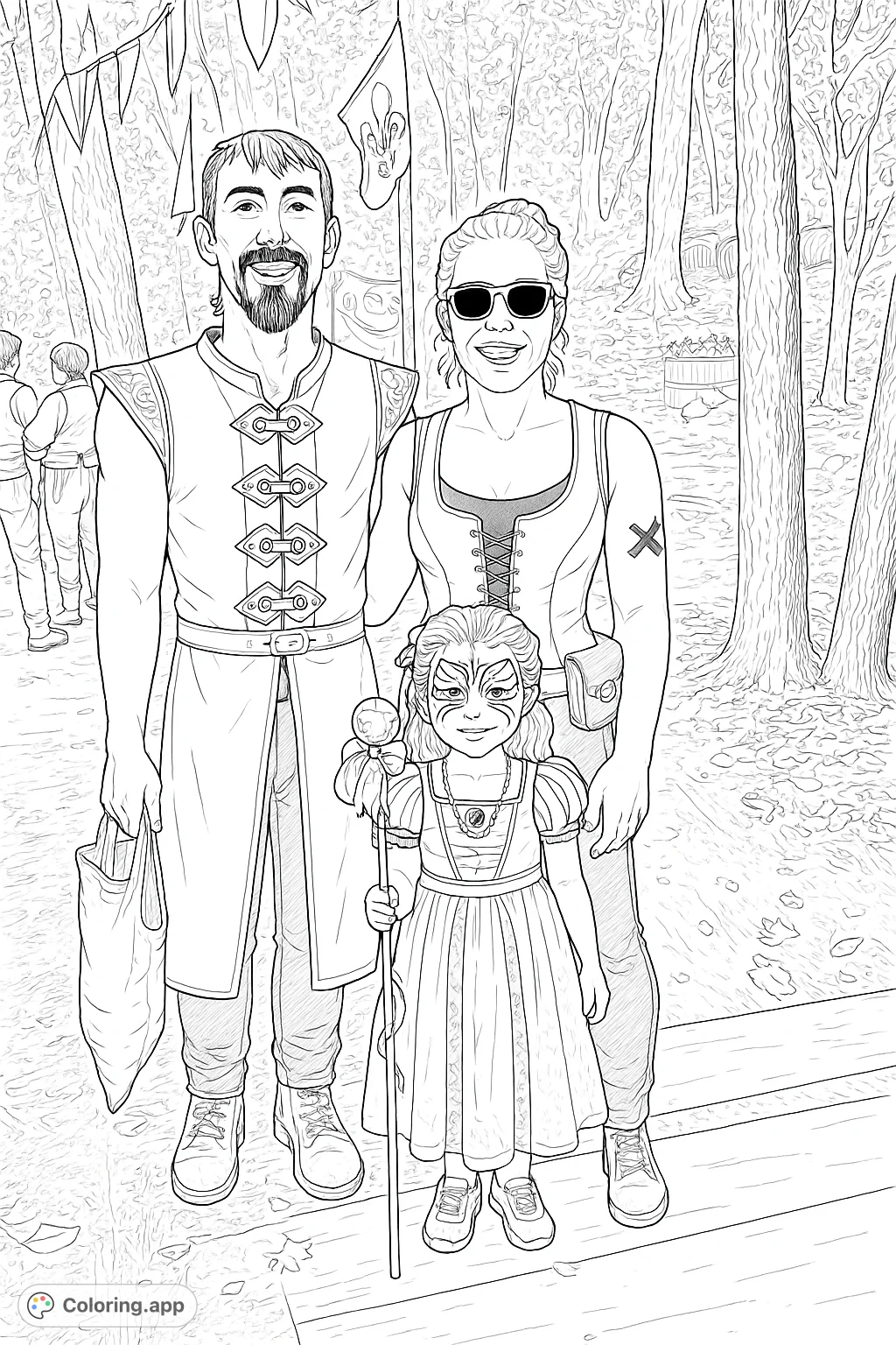 A charming family portrait at a fantasy fair, featuring detailed costumes, face paint, and a festive woodland background. Perfect for creative colorists!