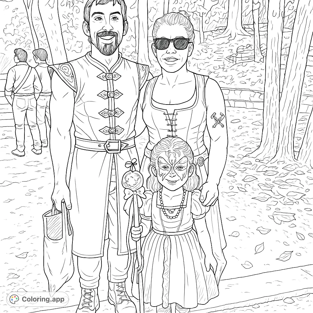 A charming family portrait featuring a man, woman, and child in elaborate fantasy costumes, complete with face paint and a magical staff. Perfect for all ages.