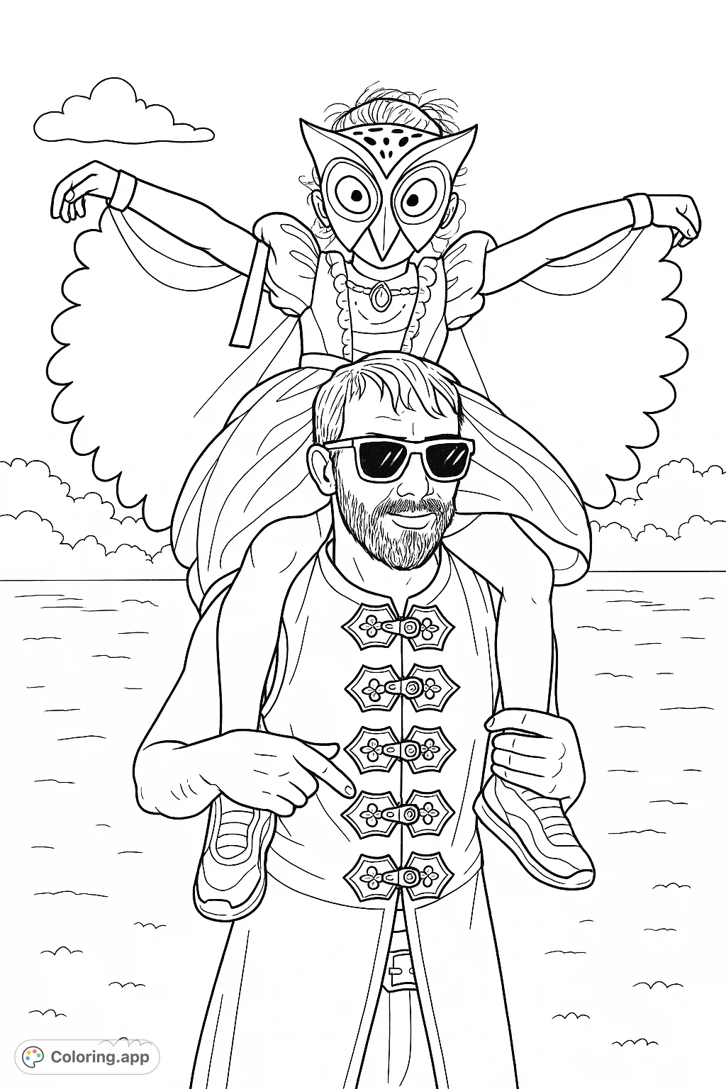 An enchanting fantasy coloring page featuring a child in an owl costume riding on an adult's shoulders, ready for adventure. Perfect for imaginative fun!