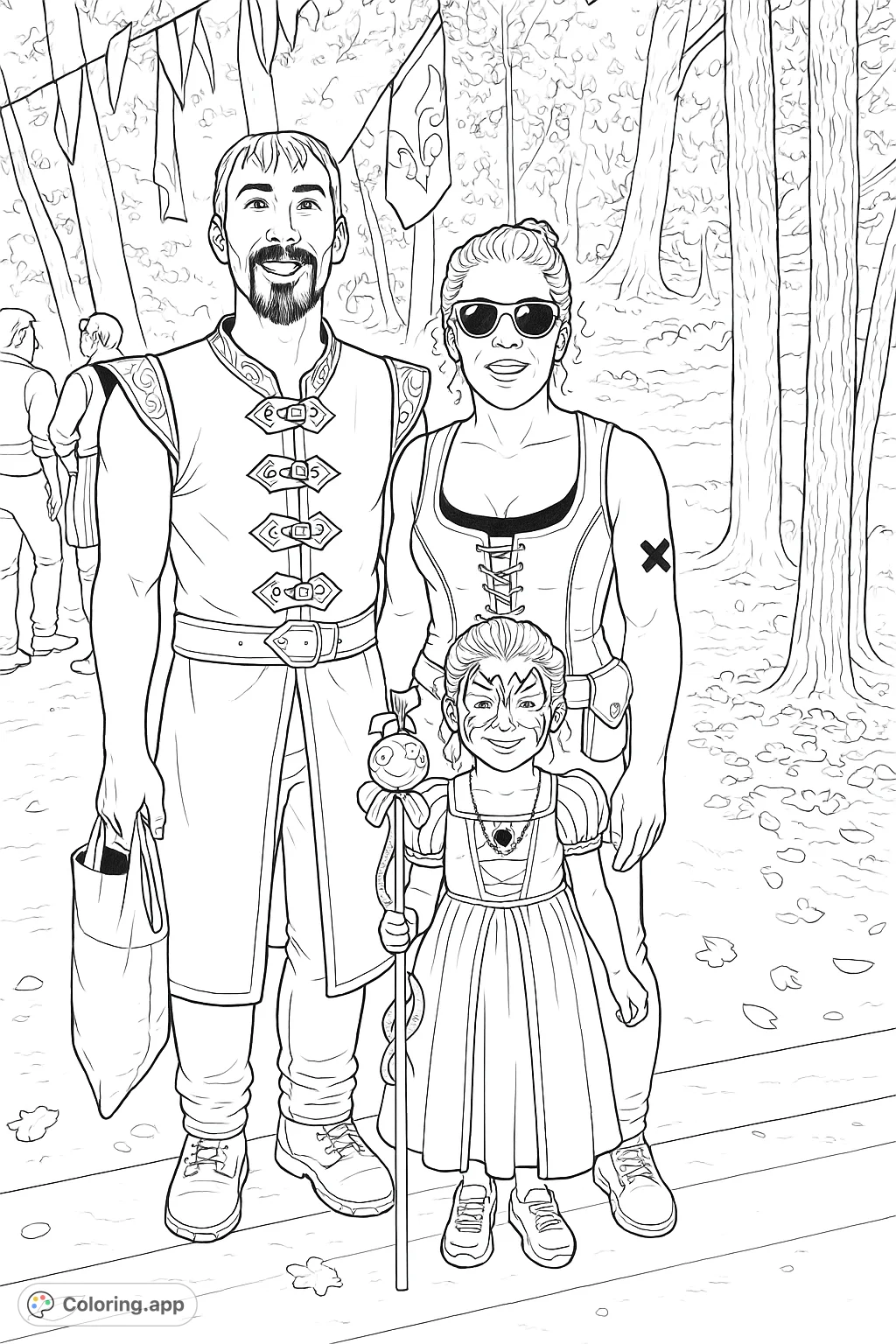 A family portrait at a fantasy fair, featuring a man, woman, and a child in a princess dress with face paint. Perfect for imaginative coloring.