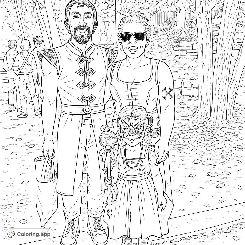 A charming family portrait from a Renaissance Faire, featuring detailed costumes, a child's face paint, and a whimsical staff, set in a wooded area.