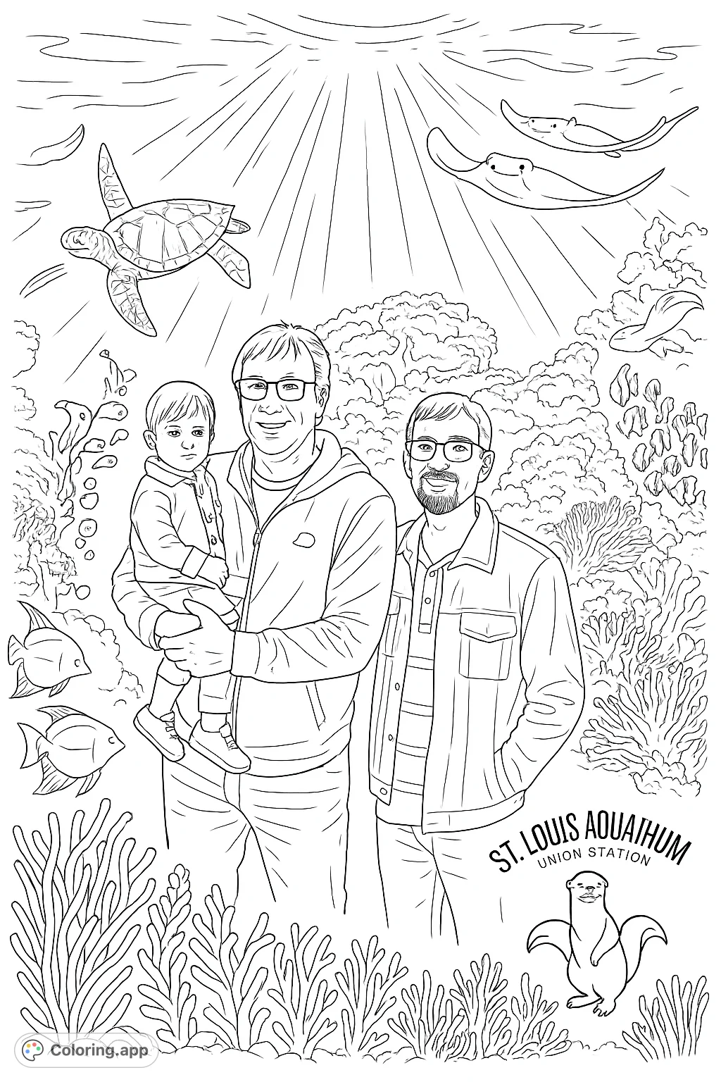 Dive into an exciting underwater world with a family surrounded by sea creatures, vibrant coral, and shimmering light rays. A fun ocean adventure coloring page.