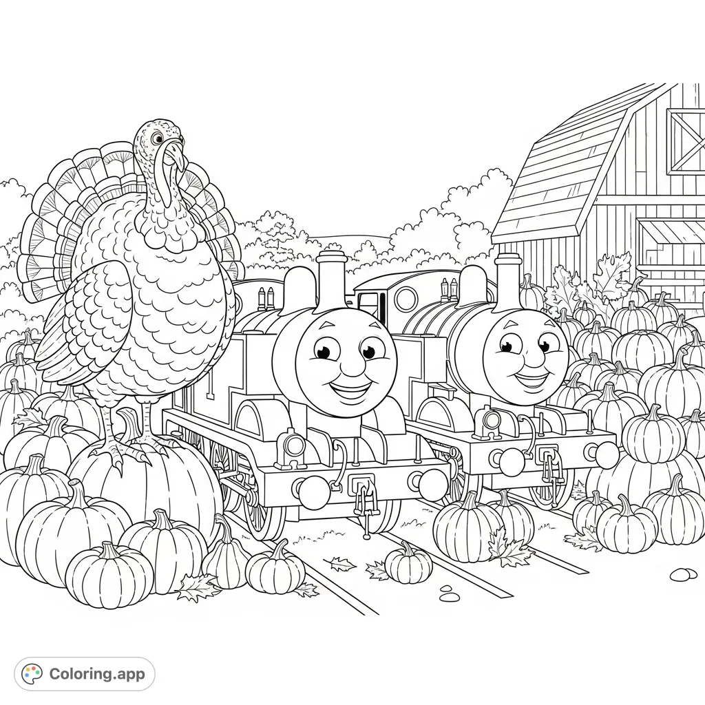 Join Thomas and Percy in a delightful Thanksgiving scene, surrounded by pumpkins and a grand turkey. A festive harvest celebration for all to color!