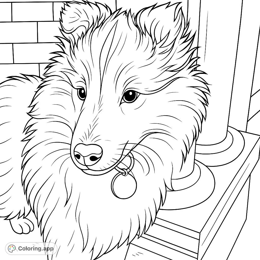 A charming fluffy puppy with expressive eyes, standing by a column. Perfect for animal lovers to color and bring to life.