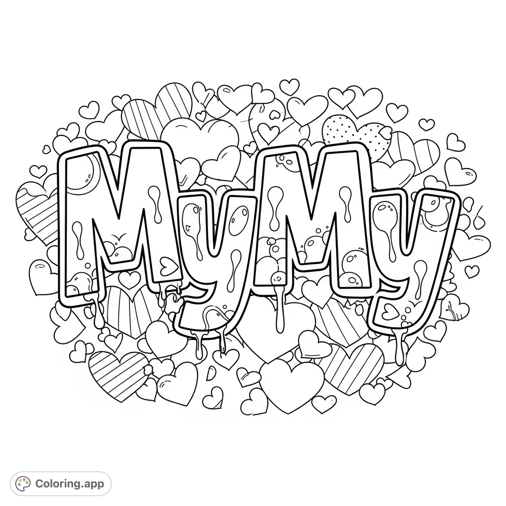 A vibrant MyMy graffiti coloring page featuring bold, stylized letters against a playful background filled with diverse heart shapes. Perfect for personalization!
