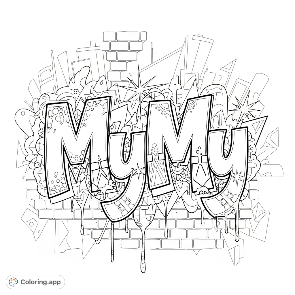 Unleash your creativity with this dynamic "MyMy" graffiti coloring page, featuring bold, stylized letters, intricate patterns, and an urban street art background.