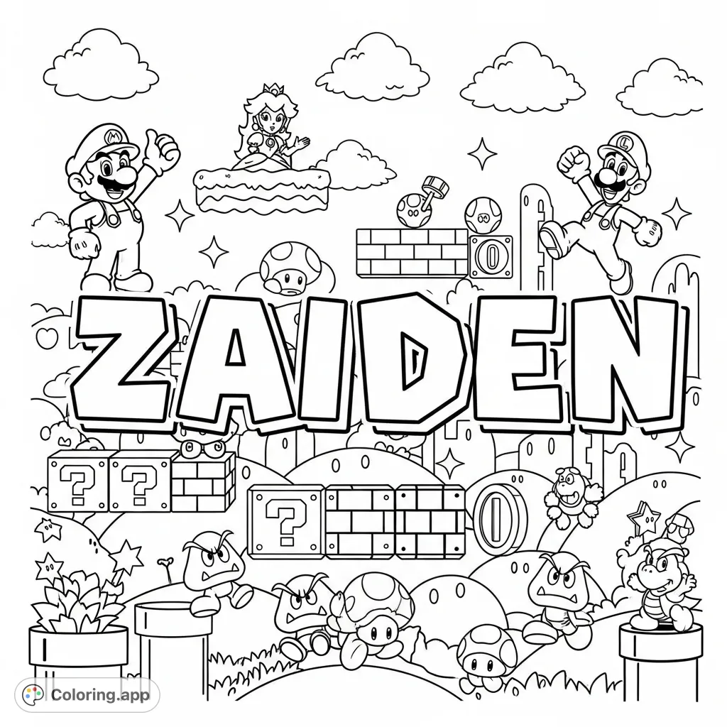A fun Super Mario themed coloring page featuring the name "Zaiden" surrounded by iconic characters and elements like Mario, Luigi, blocks, and pipes.