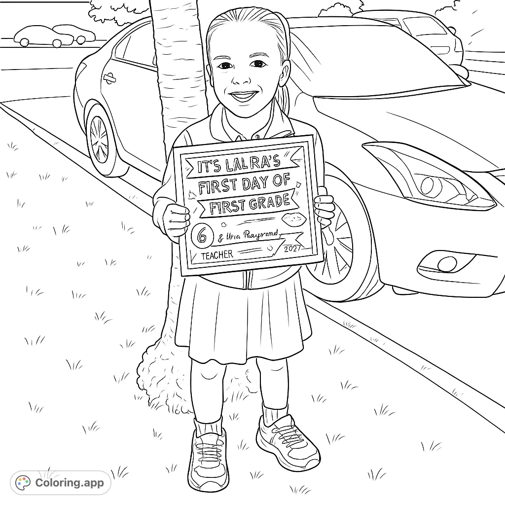 A cheerful girl holds a 'First Day of School' sign, ready for a new adventure. Perfect for celebrating milestones and school memories.