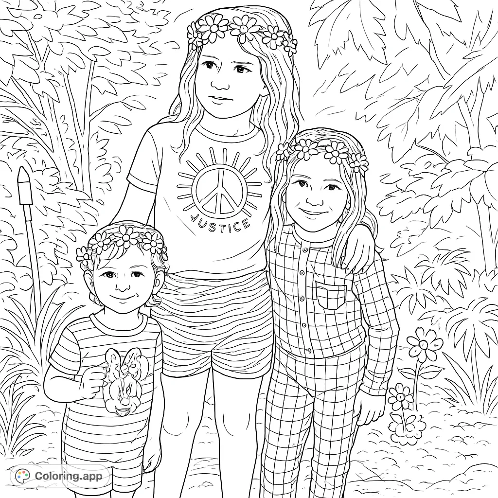 Three cheerful girls wearing daisy crowns, standing in a lush garden. A delightful scene for all ages to color and bring to life.