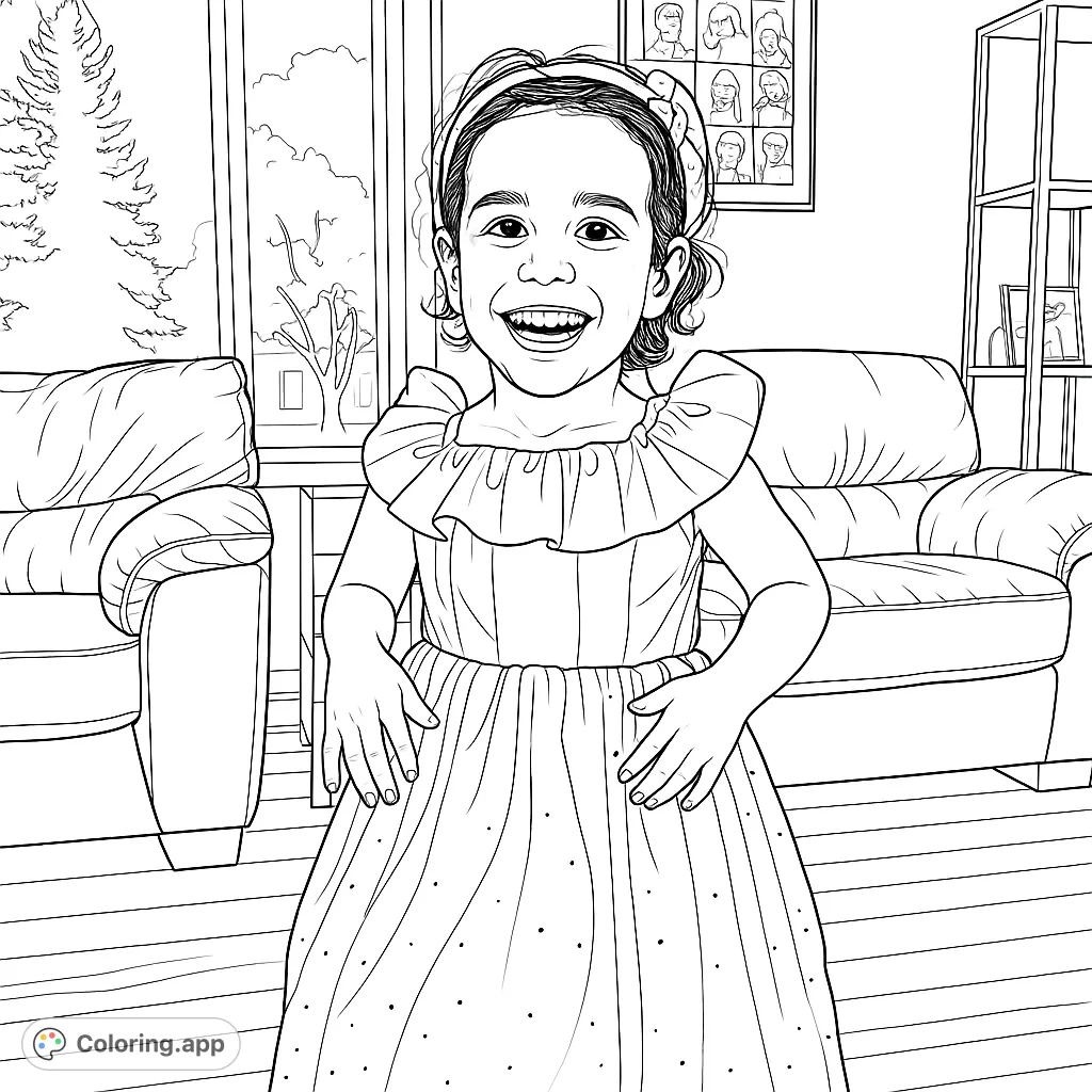 Capture the pure joy of a child in a whimsical star-adorned dress. A delightful portrait with a cozy indoor setting, perfect for creative expression.