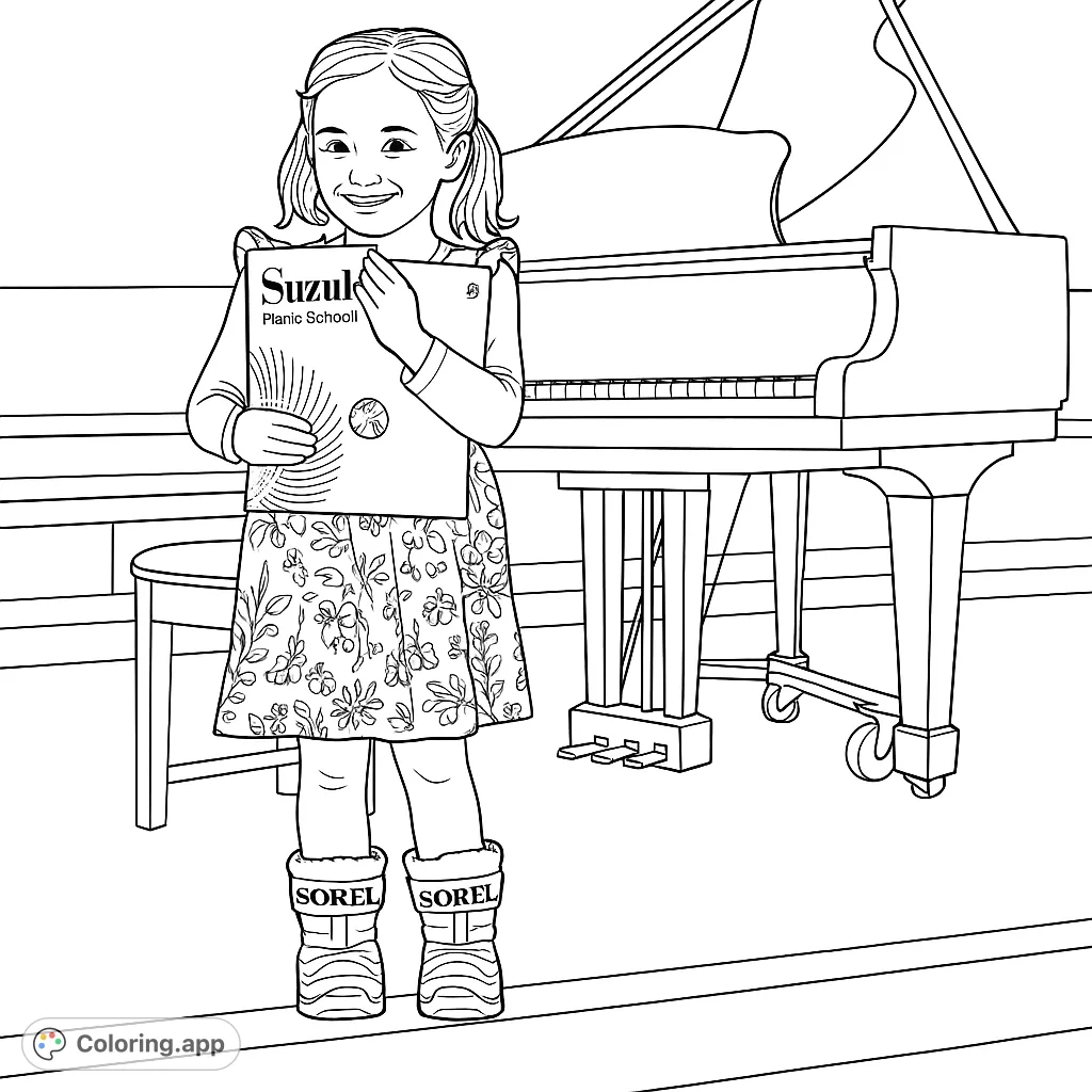 A cheerful young musician proudly holds her music book, standing beside a grand piano, ready for her performance. Perfect for aspiring artists!
