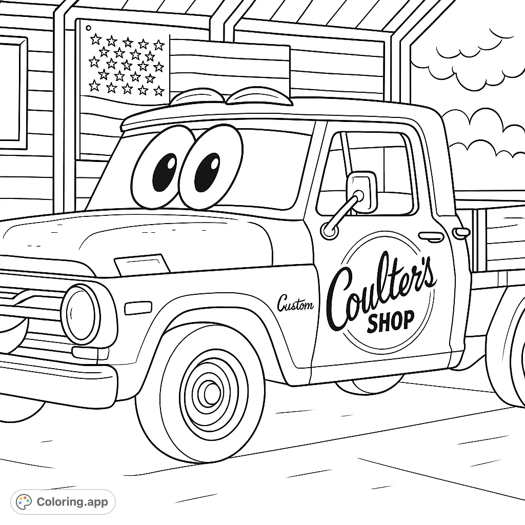 A charming cartoon pickup truck with big eyes, parked in a rustic garage with a flag. A fun, free printable truck coloring page for all ages.