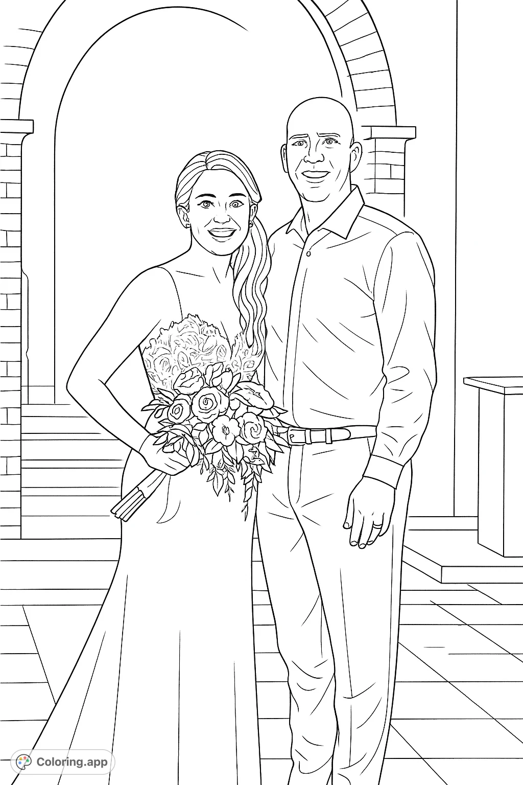 A joyful couple stands together, the bride holding a beautiful bouquet, under a grand archway. Celebrate love with this elegant wedding scene.
