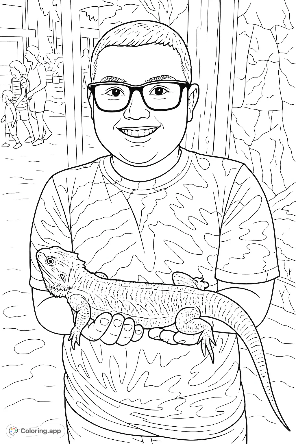 A delightful coloring page featuring a smiling child gently holding a textured bearded dragon. Perfect for animal lovers and young explorers.
