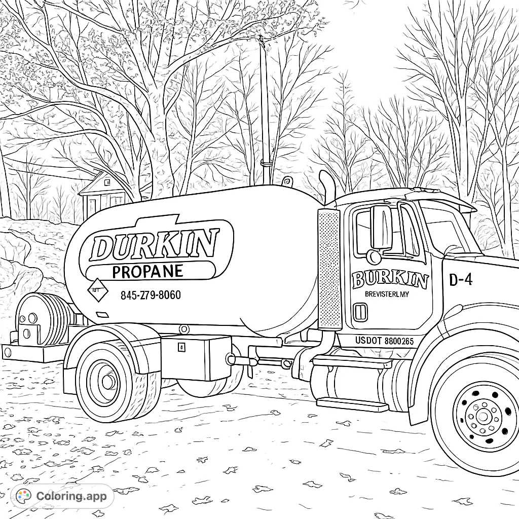 Color a detailed industrial propane delivery truck with a large tank, intricate cab, and a natural background of trees and scattered leaves.
