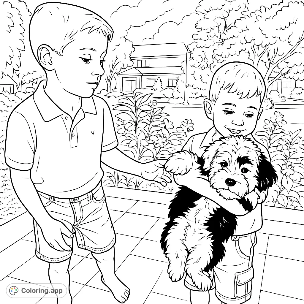 Two happy boys share a joyful moment with their adorable, fluffy puppy in a sunny outdoor setting. A heartwarming scene for all ages.
