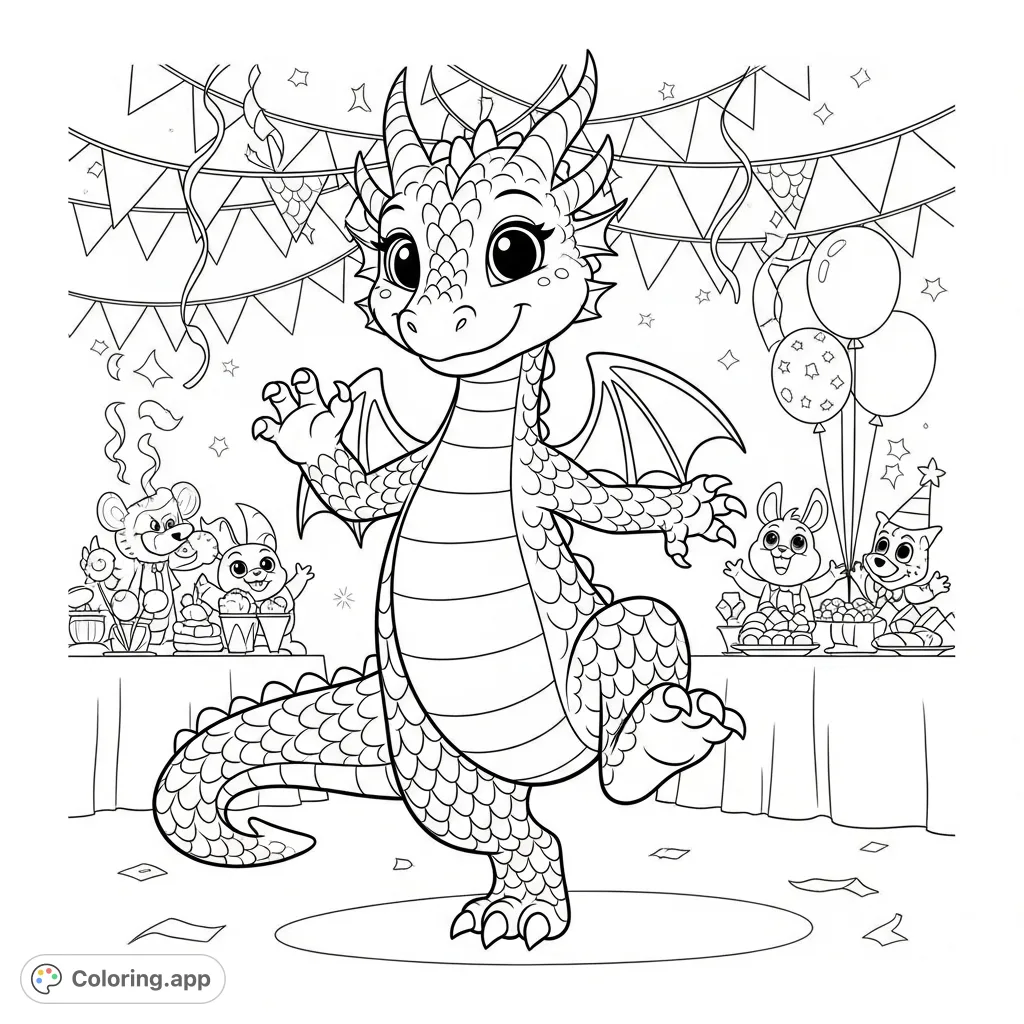 A friendly dragon joyfully dances at a festive party, surrounded by streamers, balloons, and whimsical creatures. A delightful fantasy scene for all ages.