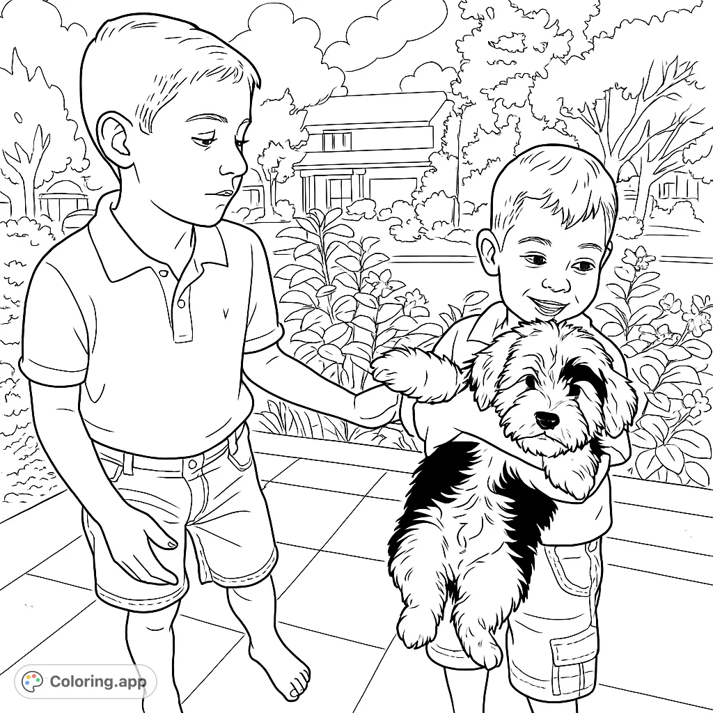 Two happy boys share a moment with their adorable fluffy puppy outdoors. A heartwarming scene perfect for a fun coloring page.