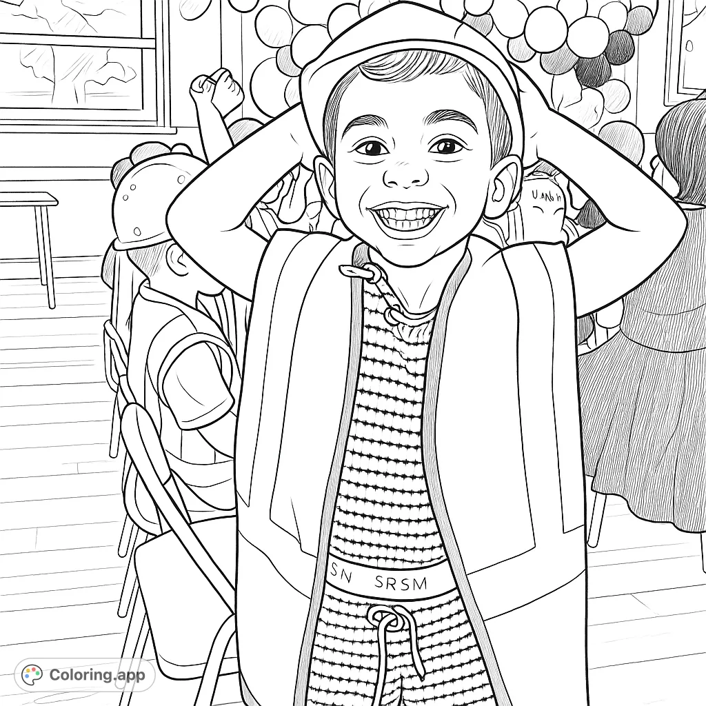 A cheerful child in a construction hard hat and safety vest, ready for a day of building fun. Perfect for young aspiring builders to color and imagine!