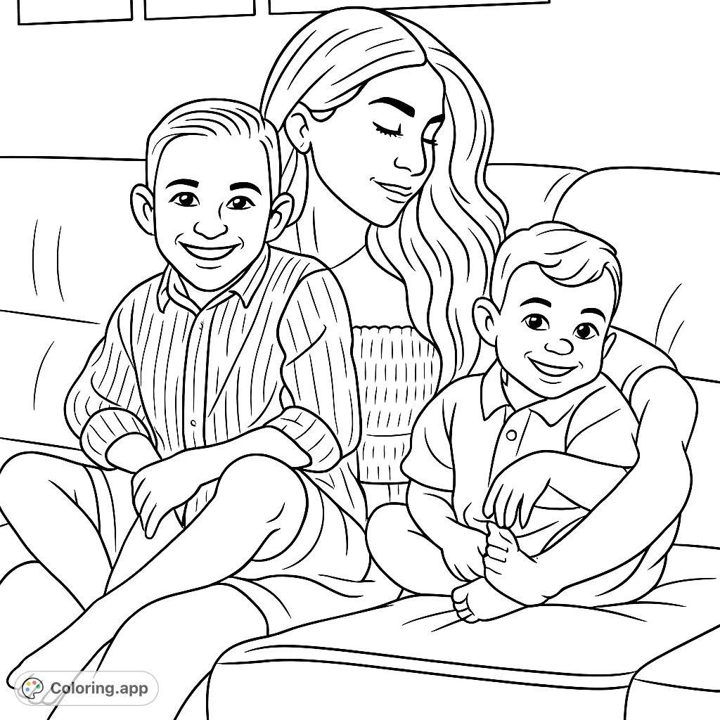 A heartwarming cartoony coloring page featuring a mom embracing her two smiling boys on a sofa. Perfect for family fun and creative expression.