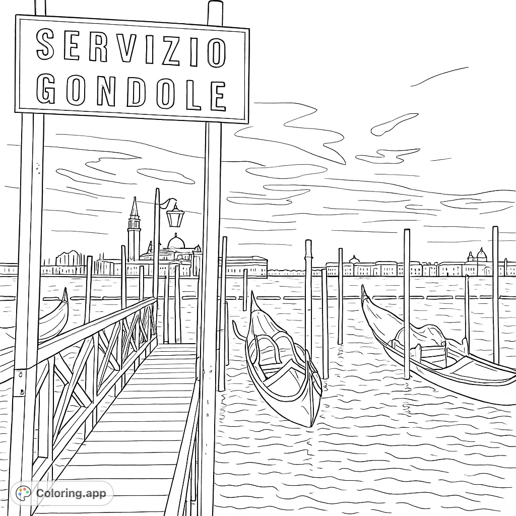 Color a picturesque Venetian scene featuring gondolas, a charming pier, and the iconic city skyline. Perfect for travel enthusiasts!