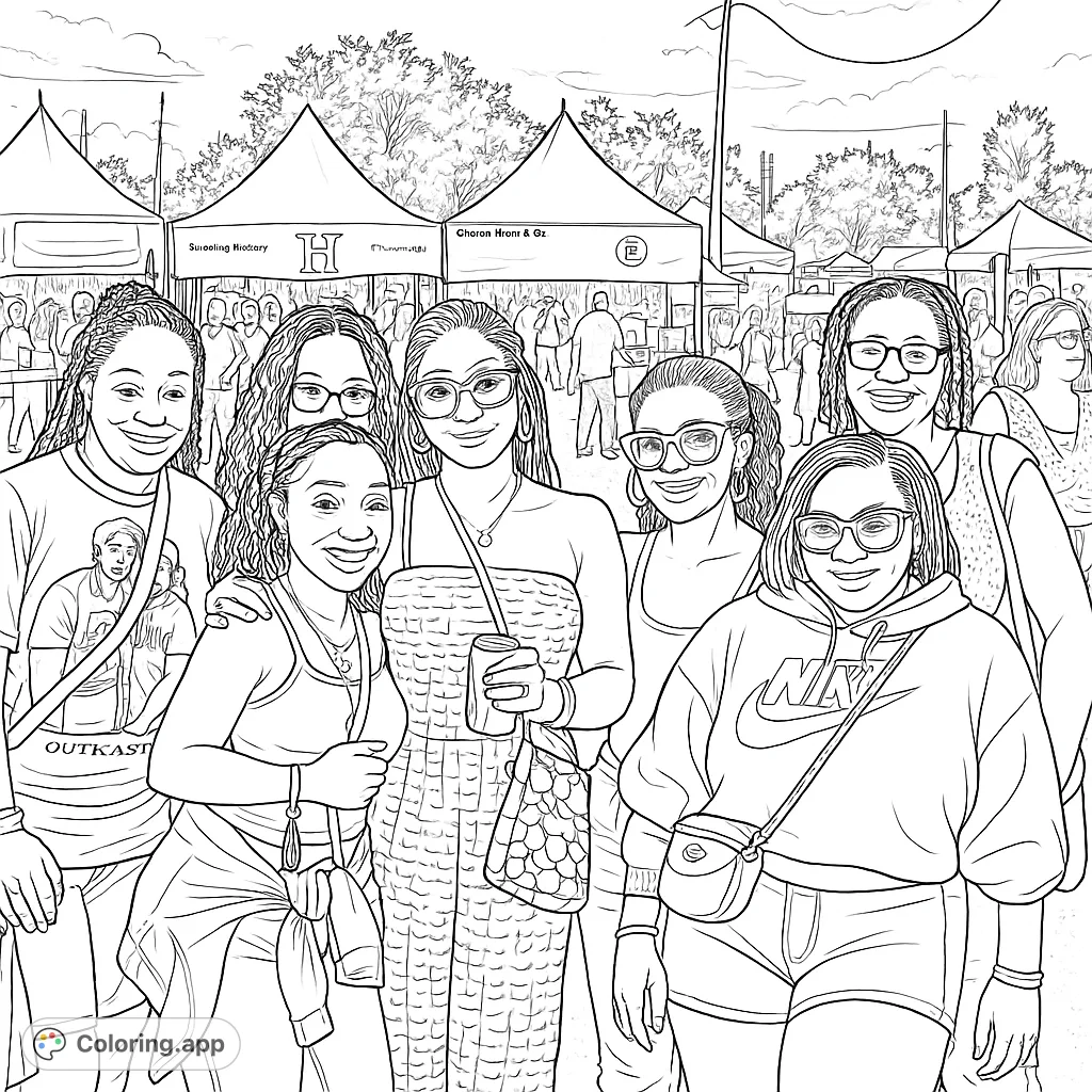 A lively group of women enjoying an outdoor event, surrounded by festival tents and a cheerful atmosphere. Perfect for a fun coloring session.