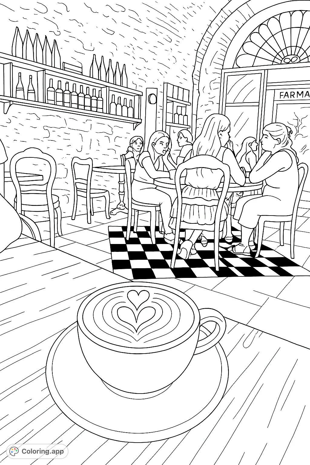Discover a charming cafe scene with a detailed latte in the foreground, rustic brick walls, and friends gathering. A delightful coffee shop coloring page.