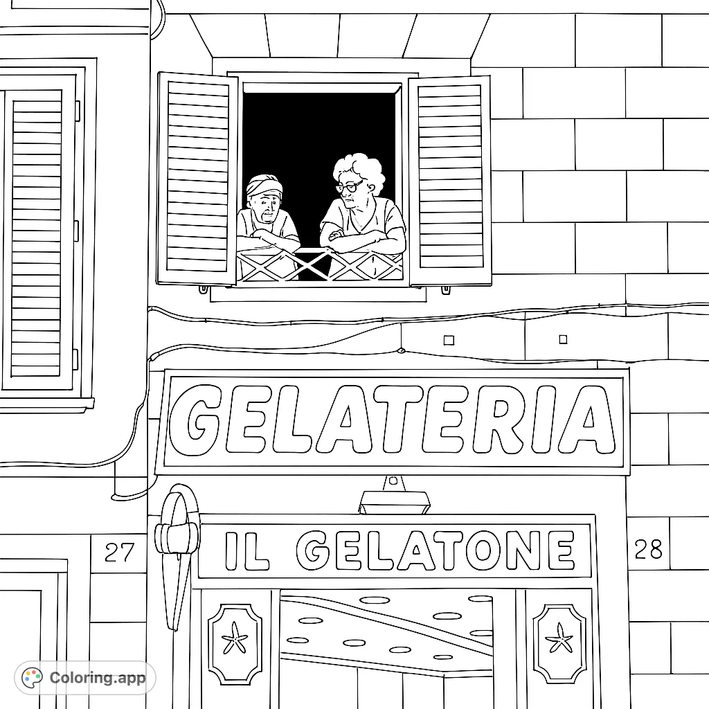 Two women observe from a window above a bustling gelateria, capturing a charming street scene. Perfect for a relaxing coloring experience.