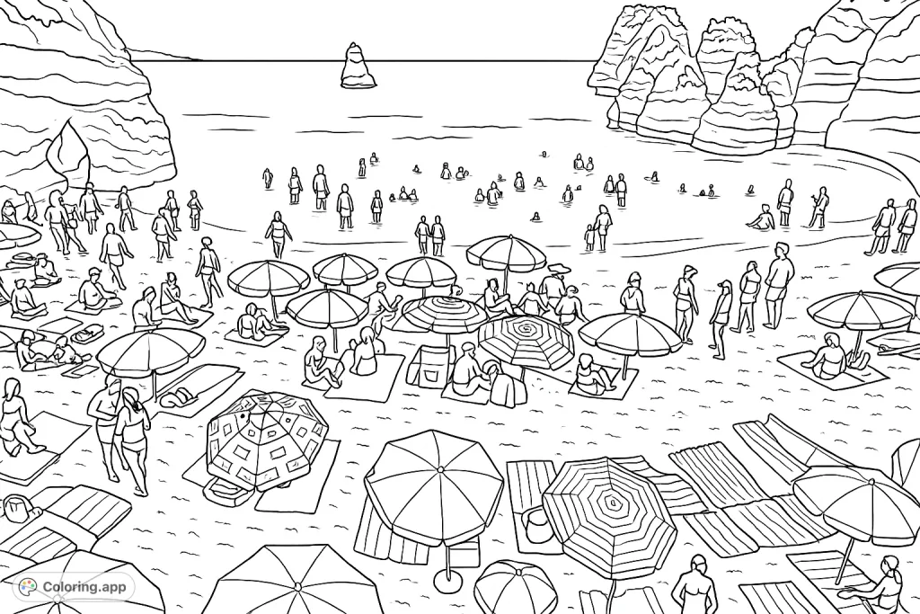 A vibrant beach scene bustling with people, umbrellas, and towels, set against majestic rock formations and calm waters. Perfect for a relaxing coloring escape.
