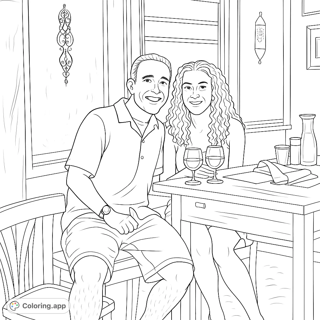 A cheerful couple enjoys a cozy dinner date, captured in a warm setting. Perfect for a relaxing coloring experience, celebrating connection and joy.