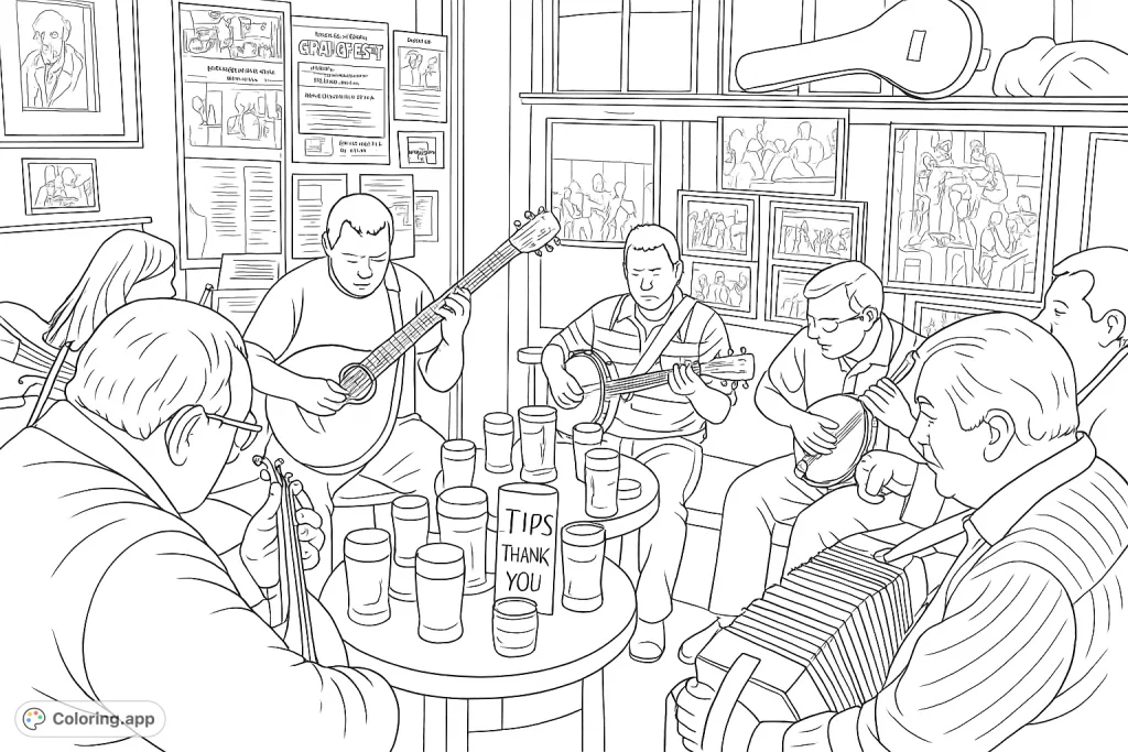 Experience the lively atmosphere of a traditional pub music session, featuring musicians playing various instruments in a cozy, detailed pub setting.
