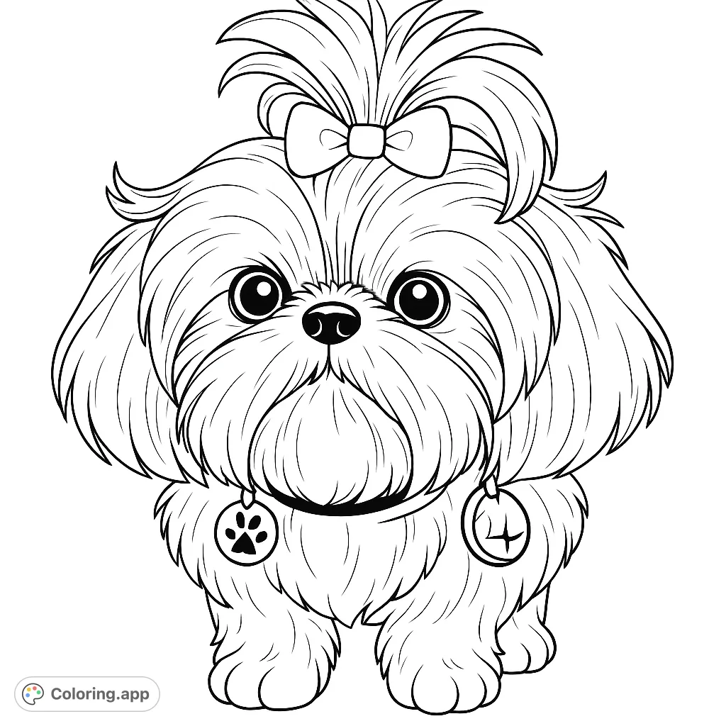 A charming Shih Tzu puppy with a bow and collar, featuring fluffy fur and expressive eyes. Perfect for animal lovers of all ages.