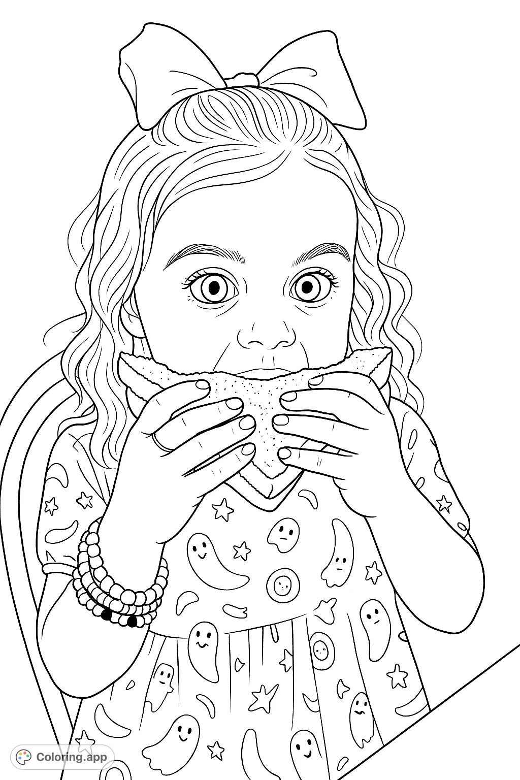 A delightful coloring page featuring a young child enjoying a sandwich, complete with a patterned dress and playful bracelets. Perfect for creative fun!