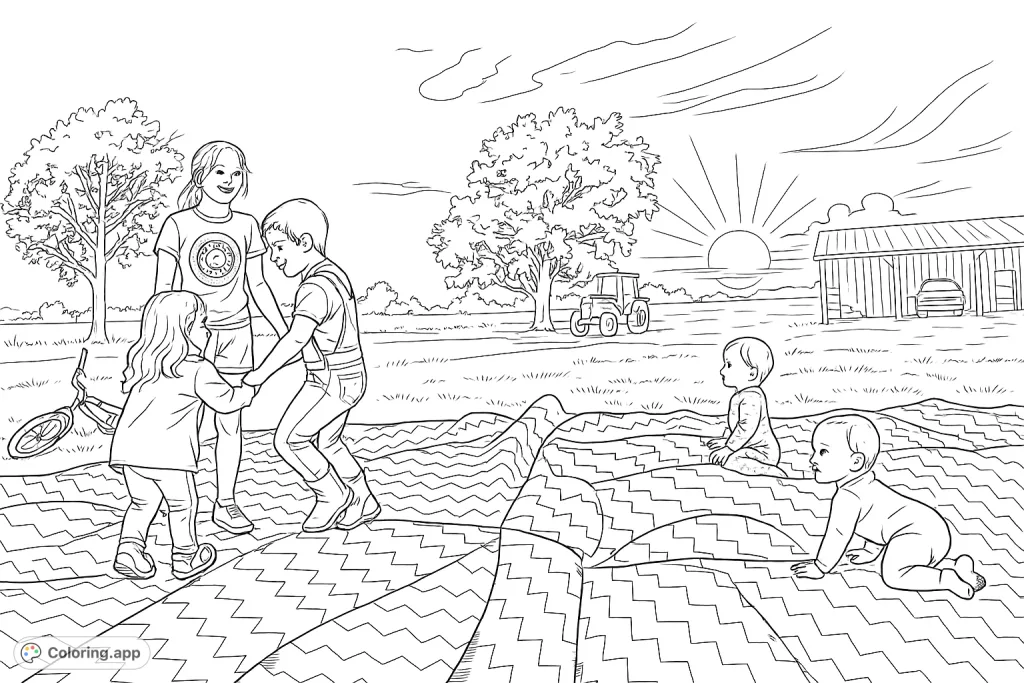 A heartwarming scene of children playing on a patterned blanket in a field at sunset, with trees, a tractor, and a barn in the background. Perfect for family fun.