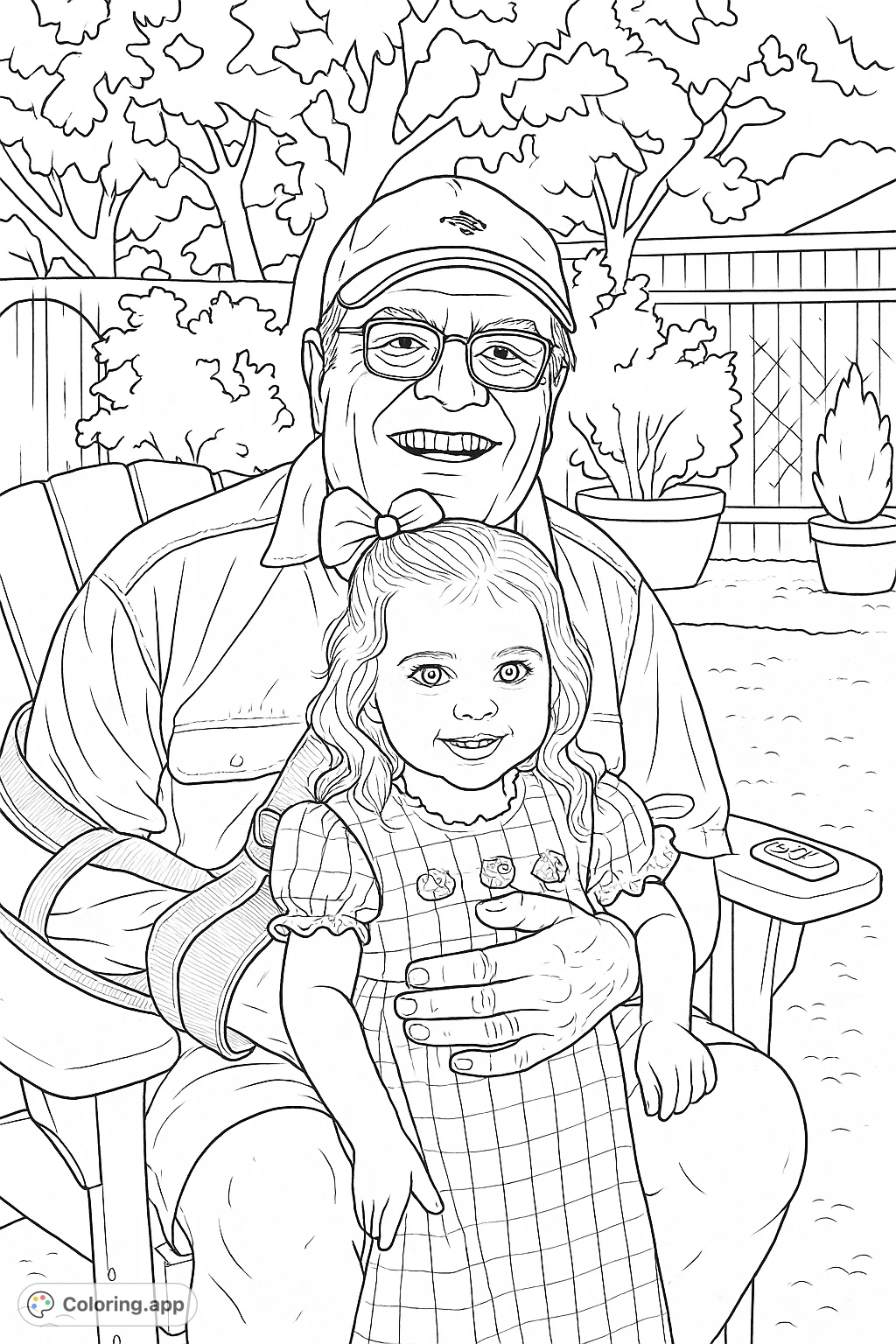 Capture a heartwarming outdoor scene with a smiling adult and child. This charming coloring page features detailed clothing, a large bow, and a serene garden backdrop.