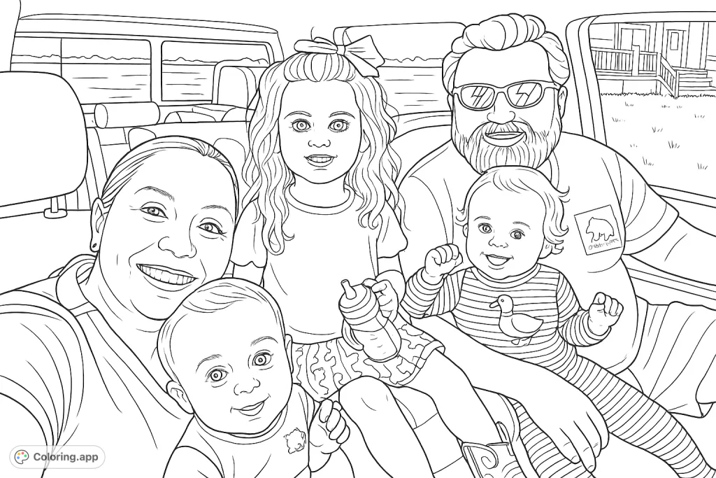 A joyful family of five on a road trip, smiling together in their vehicle. Perfect for a heartwarming coloring experience.