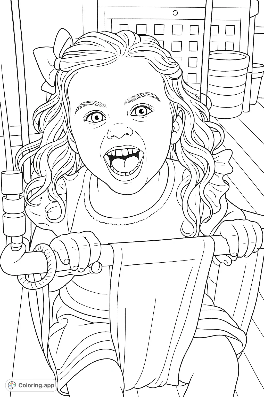 Capture the pure joy of a child swinging with a wide smile and a playful bow. A delightful scene perfect for creative expression and happy coloring.