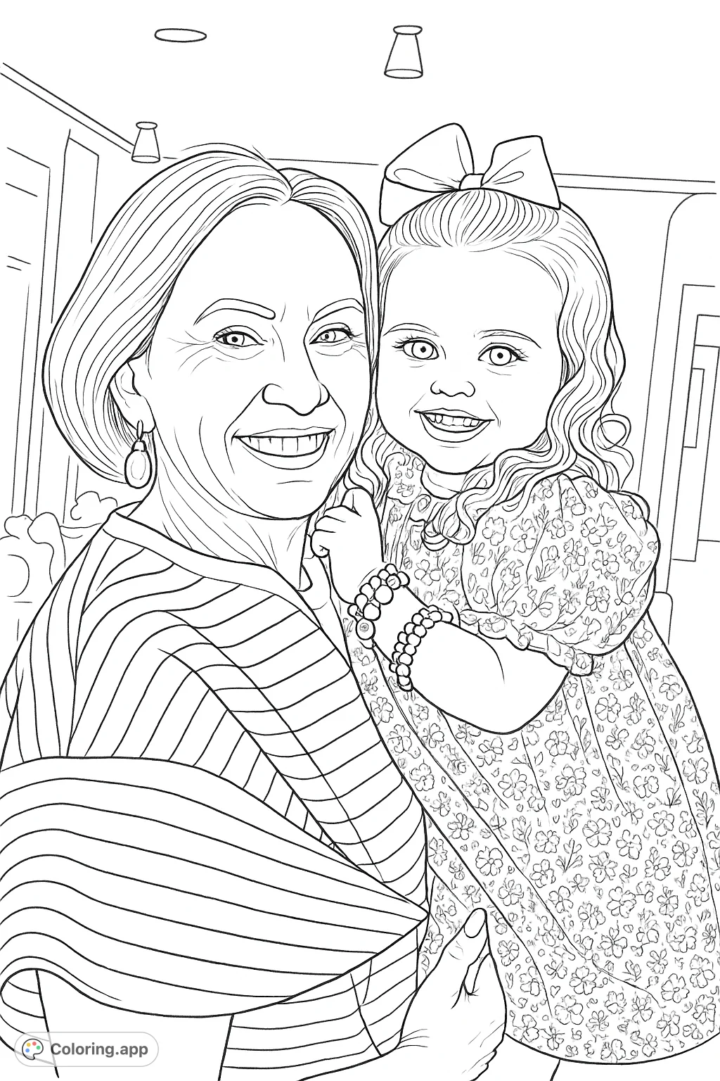 Capture a heartwarming moment between an adult and a child. This delightful coloring page features a joyful embrace, perfect for celebrating family bonds and shared happiness.