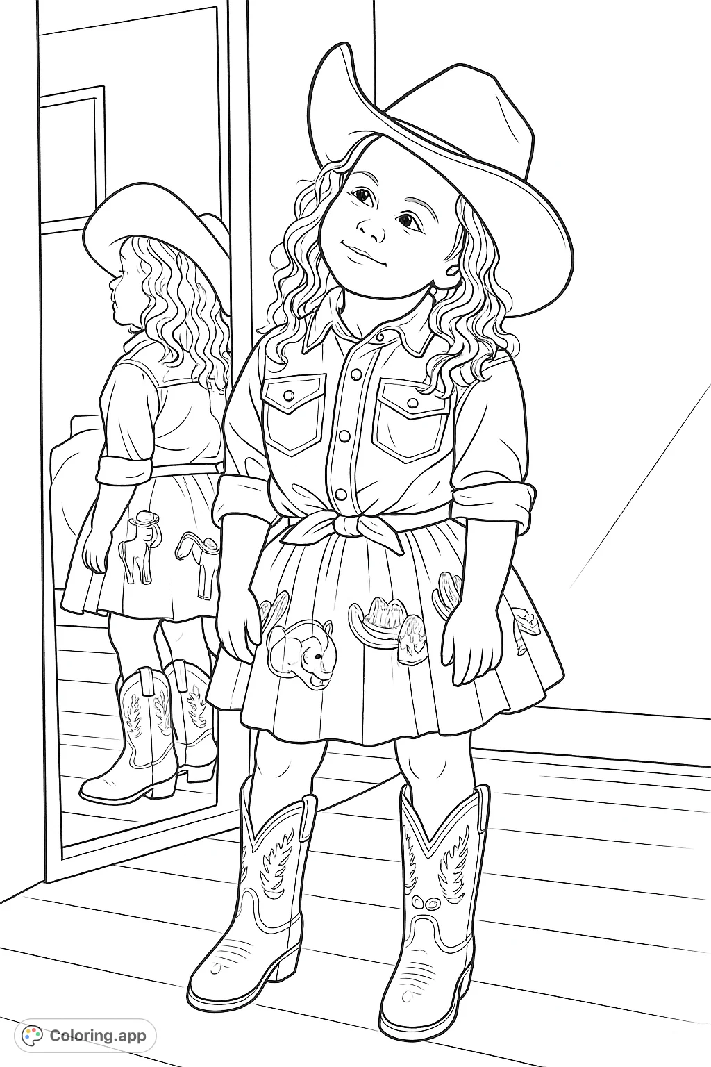 A delightful cowgirl coloring page featuring a child in a cowboy hat, denim shirt, and a fun skirt with western motifs, perfect for imaginative play.
