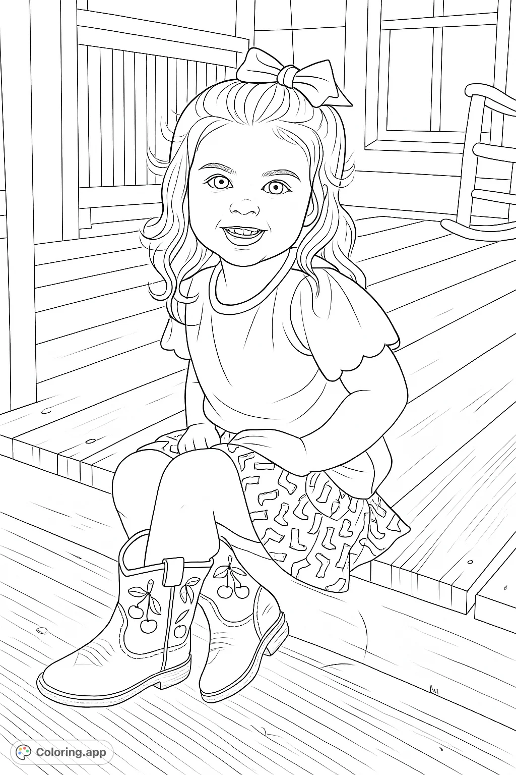A delightful coloring page of a sweet child in charming cowboy boots with cherry designs, sitting on a rustic porch. A fun, engaging scene for all ages.