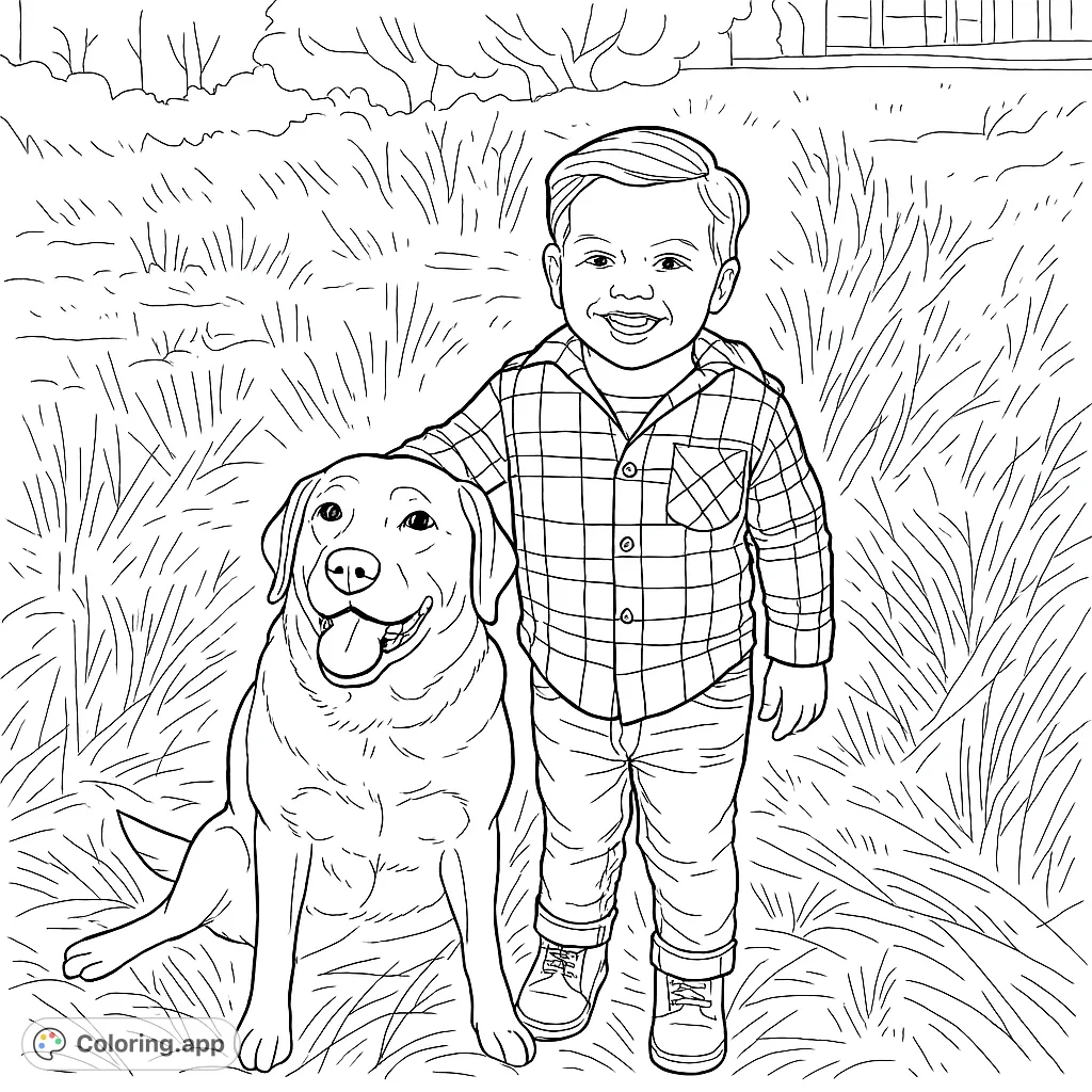 A heartwarming coloring page featuring a smiling boy with his loyal dog in a field of tall grasses. Capture their special bond with your artistic touch!