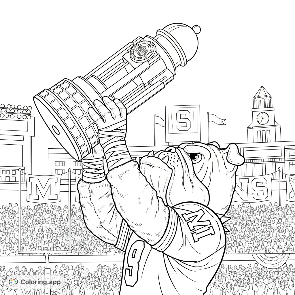 Celebrate victory with this Mississippi State bulldog mascot holding a grand trophy! A detailed scene for fans of all ages to color.