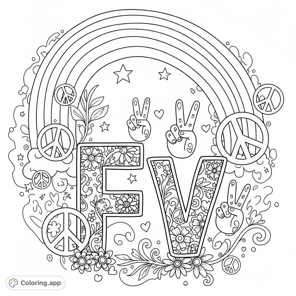 Celebrate the number five with this cheerful coloring page featuring a stylized numeral adorned with flowers, peace signs, and a vibrant rainbow.