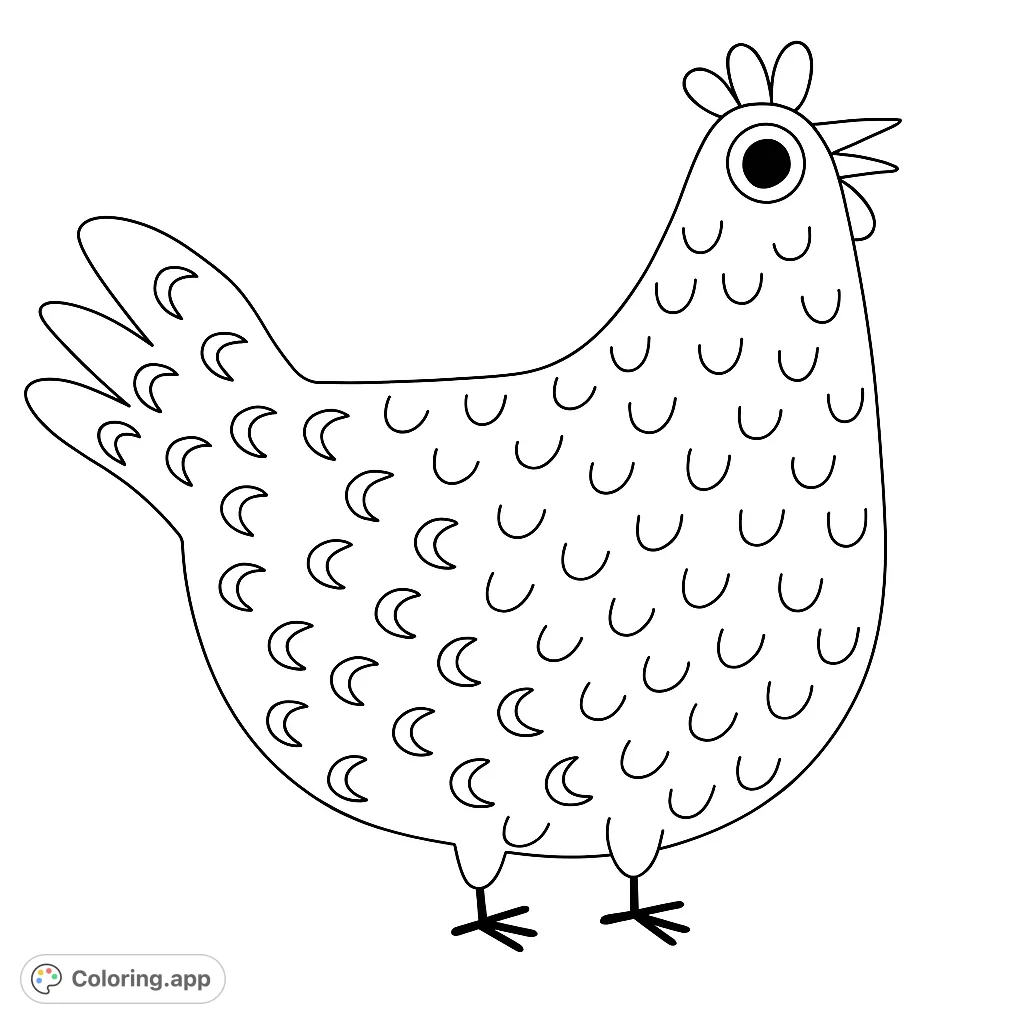 A delightful spotted hen with a friendly expression, perfect for a fun farm animal coloring page. Features unique patterns and a cheerful pose.