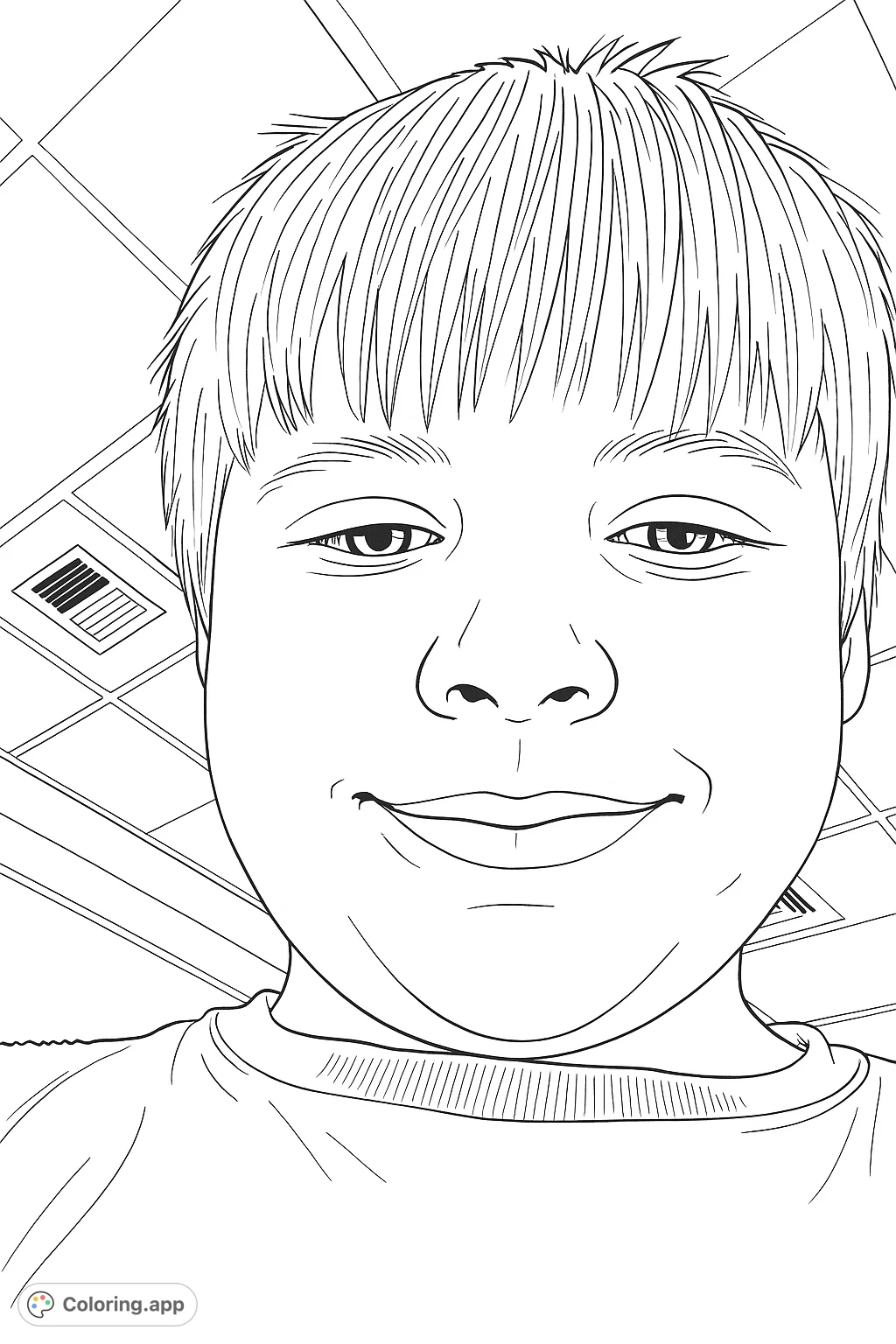 A heartwarming child portrait coloring page featuring a smiling face with textured hair and freckles, perfect for creative expression and relaxation.