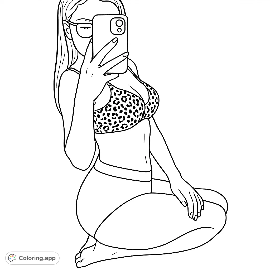 A stylish figure in animal print lingerie and briefs, captured in a confident pose while taking a mirror selfie. Perfect for fashion and adult coloring.