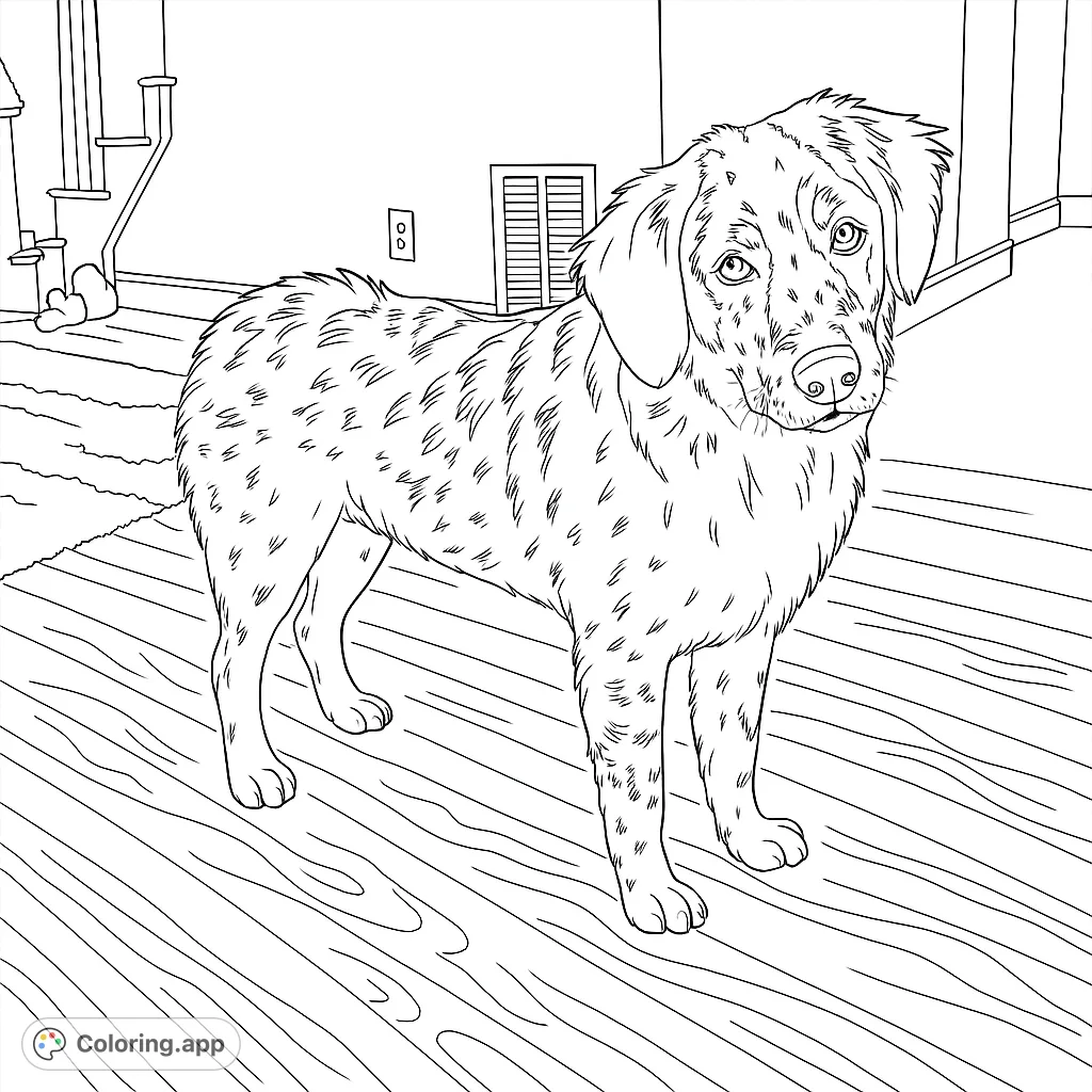 A charming spotted puppy stands attentively indoors, featuring unique markings and an expressive face, perfect for a delightful coloring experience.